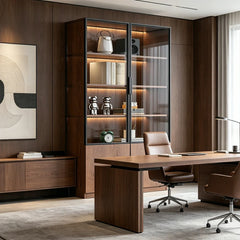 LIVARA 100cm Double Door Cabinet - Tempered Glass Display with Dual Storage Compartments for Living Room - Walnut