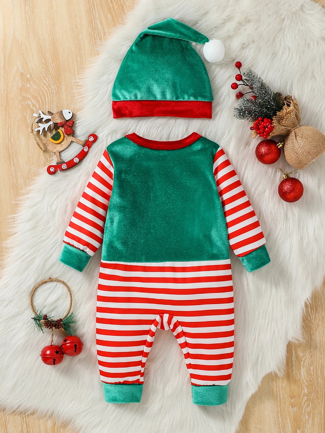 Christmas Striped Baby Jumpsuit with Hat