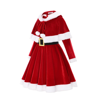 Girls Christmas Santa Claus Dress Set with Cloak