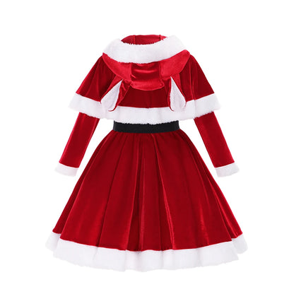 Girls Christmas Santa Claus Dress Set with Cloak